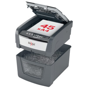 Distrugator documente automat REXEL OPTIMUM 45X, P4, cross-cut (confeti), 45 coli, cos 20l, negru-g