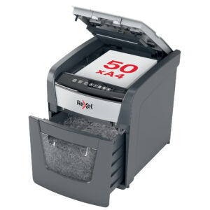 Distrugator documente automat REXEL OPTIMUM 50X, P4, cross-cut (confeti), 50 coli, cos 20l, negru-g