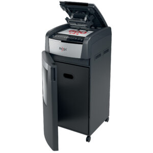 Distrugator documente automat REXEL OPTIMUM 600X, P4, cross-cut (confeti), 600 coli, cos 110l, negru