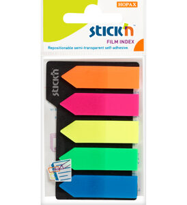 Stick index plastic transparent color 42 x 12 mm, 5 x 25 file/set, Stick"n - 5 culori neon - sageata