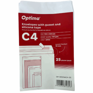Plic C4 (324x229mm), cu burduf 30mm, lipire siliconica, 25 buc/set, Optima - alb
