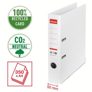 Biblioraft Esselte No.1 Power Recycled, carton CO2 neutru, 100% reciclat, FSC, A4, 50 mm, alb