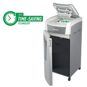 Distrugator documente automat LEITZ IQ Office, P5, micro-cut (particule), 600 coli, cos 110l, alb-gr